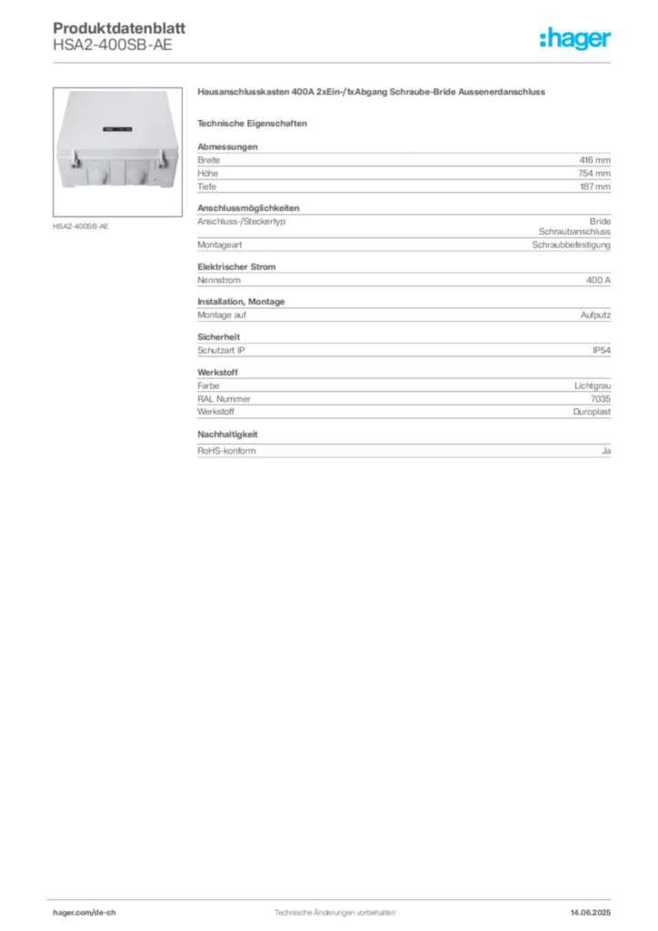 Bild Hager Produktdatenblatt HSA2-400SB-AE | Hager Schweiz
