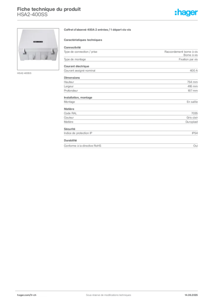 Image Hager Fiche technique du produit HSA2-400SS | Hager Suisse