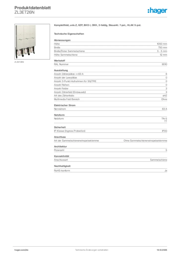 Bild Hager Produktdatenblatt ZL3ET26N | Hager Deutschland