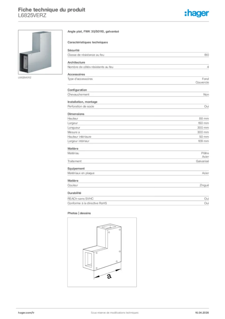 Image Hager Fiche technique du produit L6825VERZ | Hager France