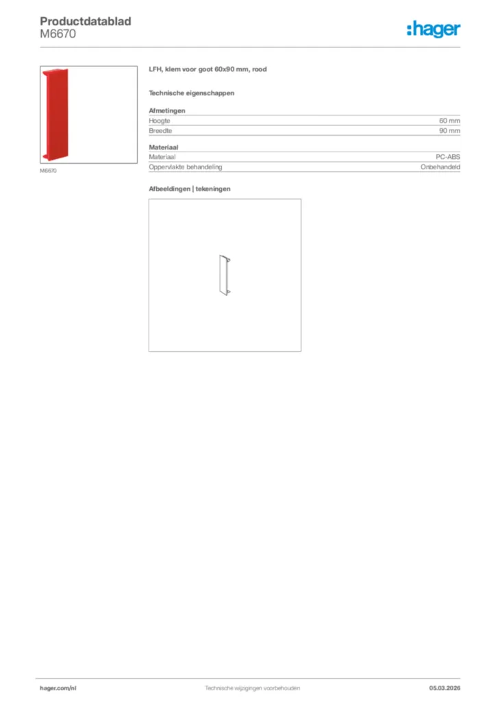 Afbeelding Hager Productdatablad M6670 | Hager Nederland