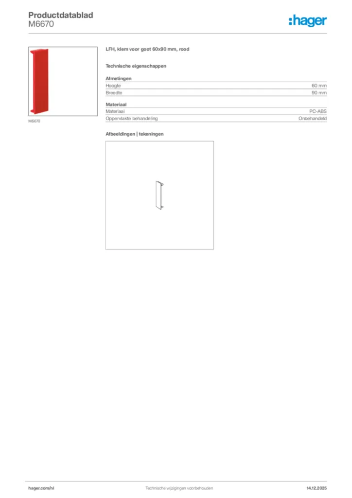 Afbeelding Hager Productdatablad M6670 | Hager Nederland