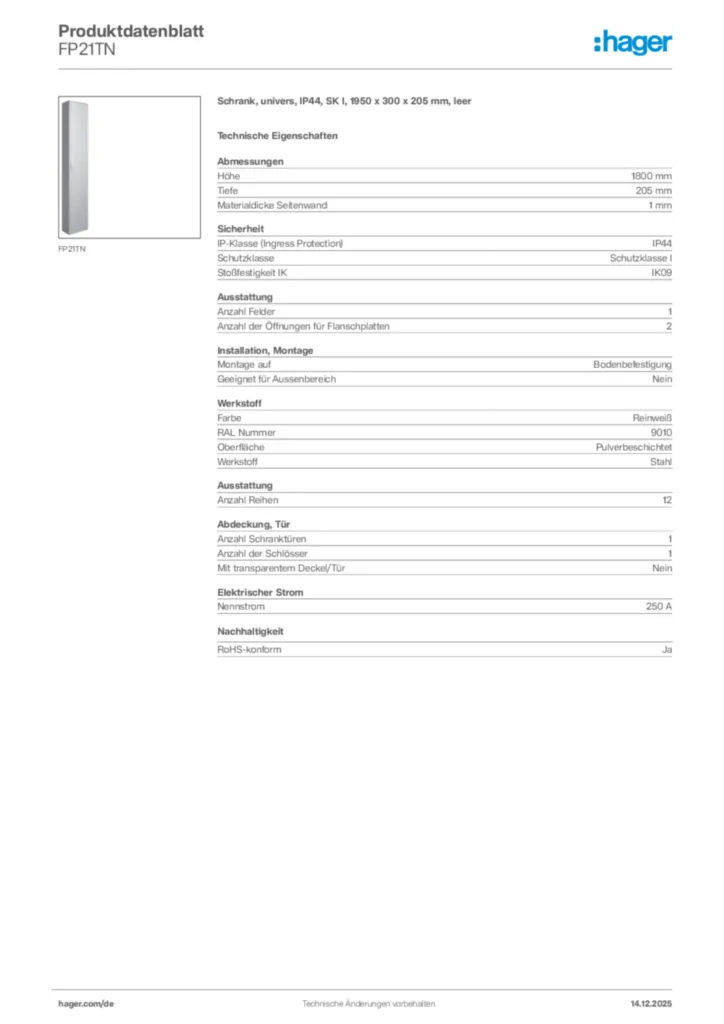 Bild Hager Produktdatenblatt FP21TN | Hager Deutschland
