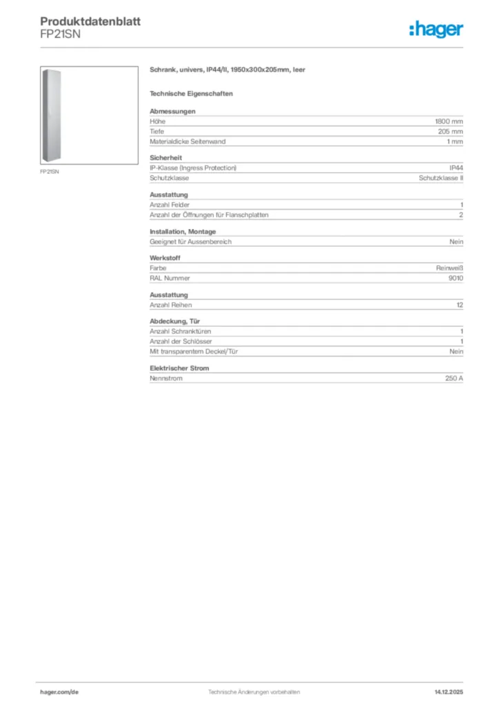 Bild Hager Produktdatenblatt FP21SN | Hager Deutschland