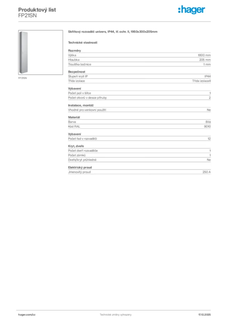 Obrázek Hager Produktový list FP21SN | Hager