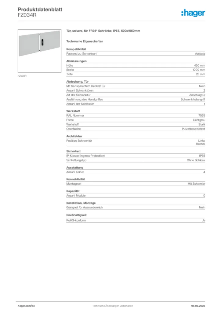 Bild Hager Produktdatenblatt FZ034R | Hager Deutschland