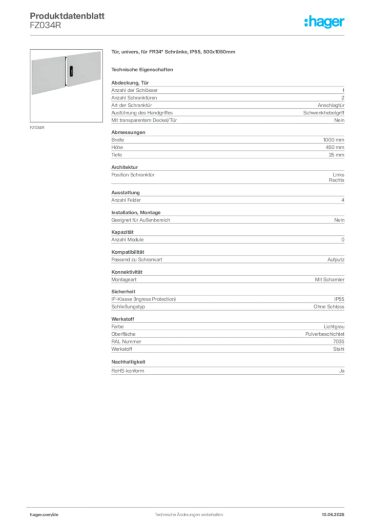 Bild Hager Produktdatenblatt FZ034R | Hager Deutschland