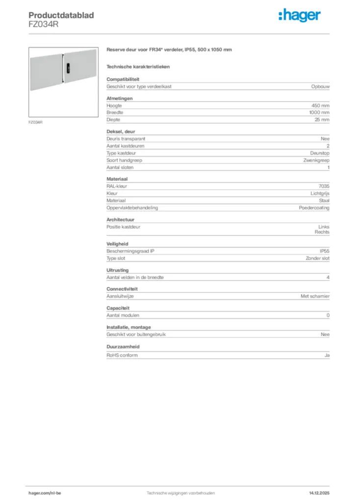Afbeelding Hager Productdatablad FZ034R | Hager Belgium
