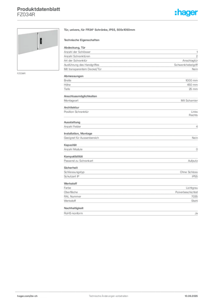 Bild Hager Produktdatenblatt FZ034R | Hager Schweiz