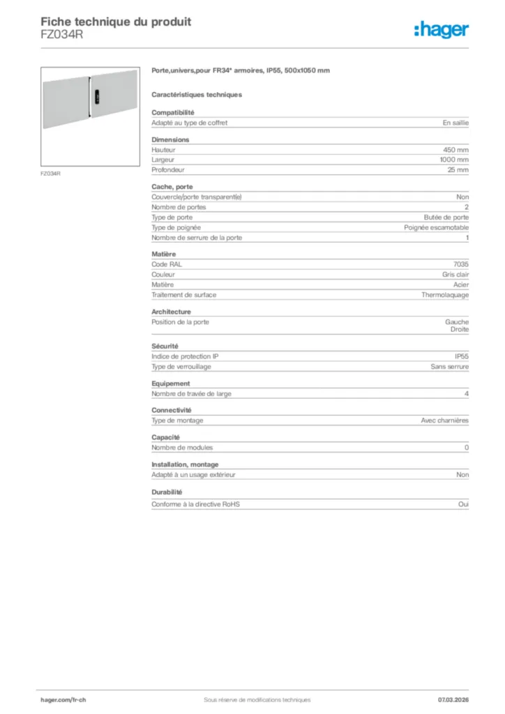 Image Hager Fiche technique du produit FZ034R | Hager Suisse