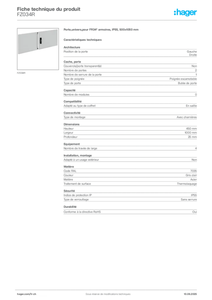 Image Hager Fiche technique du produit FZ034R | Hager Suisse