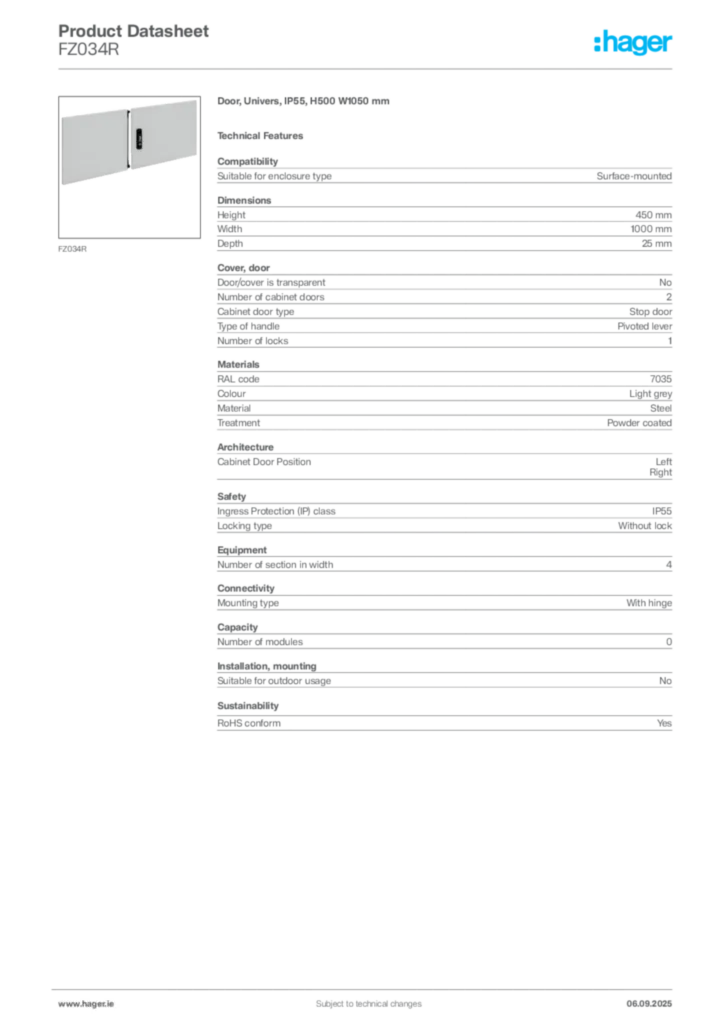Image Hager Product data sheet FZ034R  | Hager