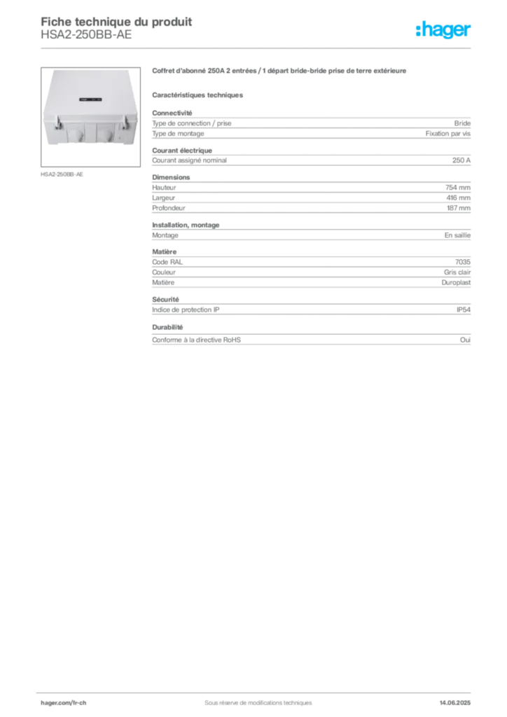 Image Hager Fiche technique du produit HSA2-250BB-AE | Hager Suisse