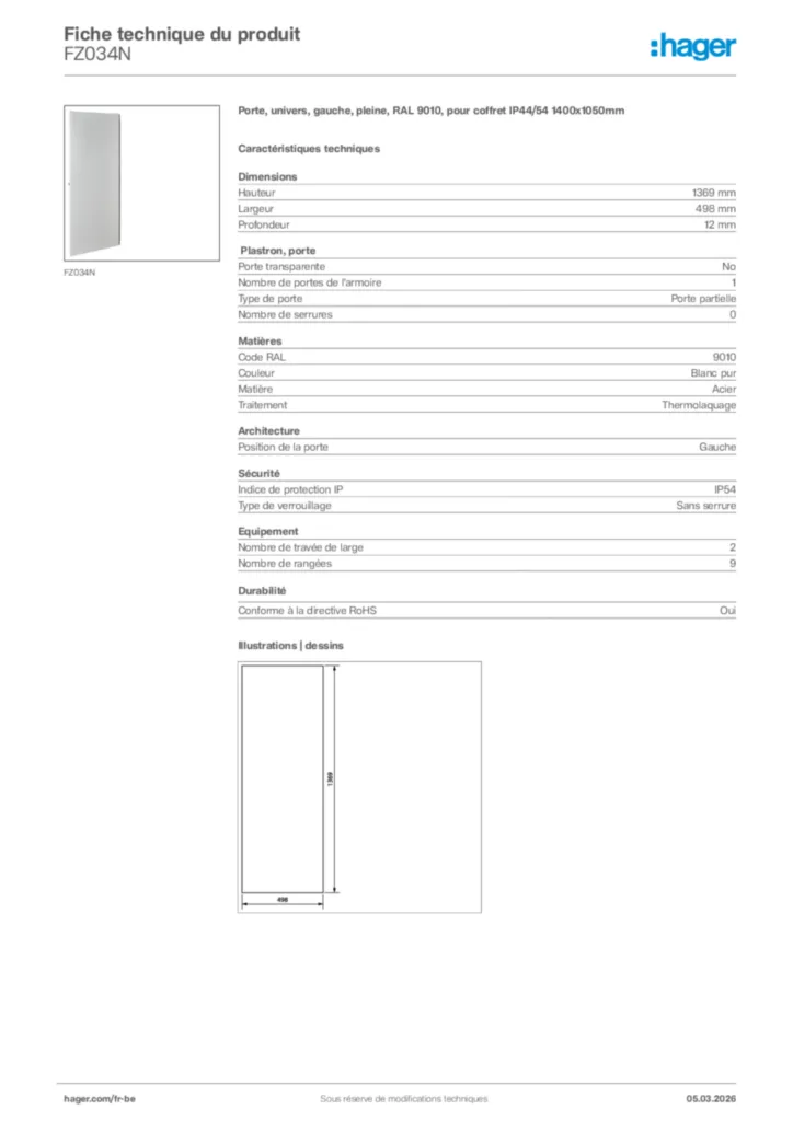 Image Hager Fiche technique du produit FZ034N | Hager Belgique