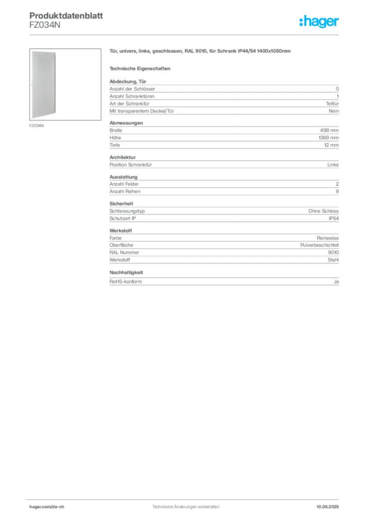 Bild Hager Produktdatenblatt FZ034N | Hager Schweiz