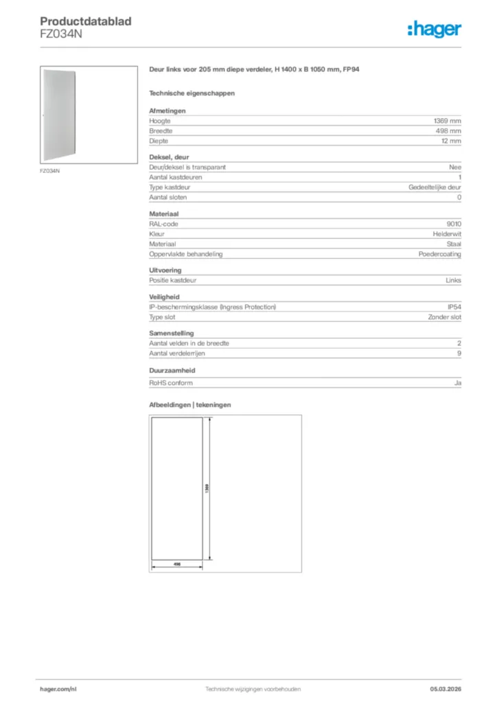 Afbeelding Hager Productdatablad FZ034N | Hager Nederland