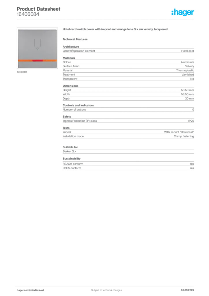 Image Hager Product data sheet 16406084  | Hager