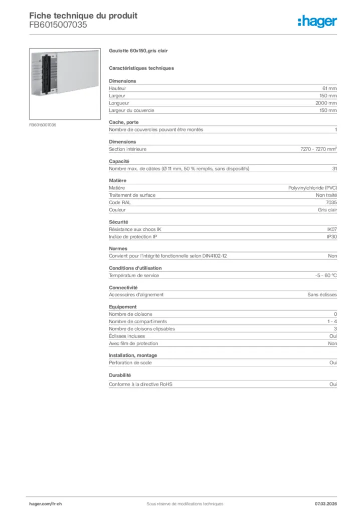 Image Hager Fiche technique du produit FB6015007035 | Hager Suisse
