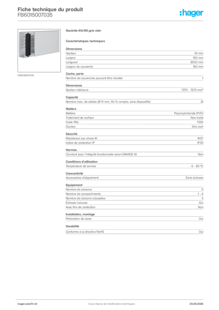 Image Hager Fiche technique du produit FB6015007035 | Hager Suisse