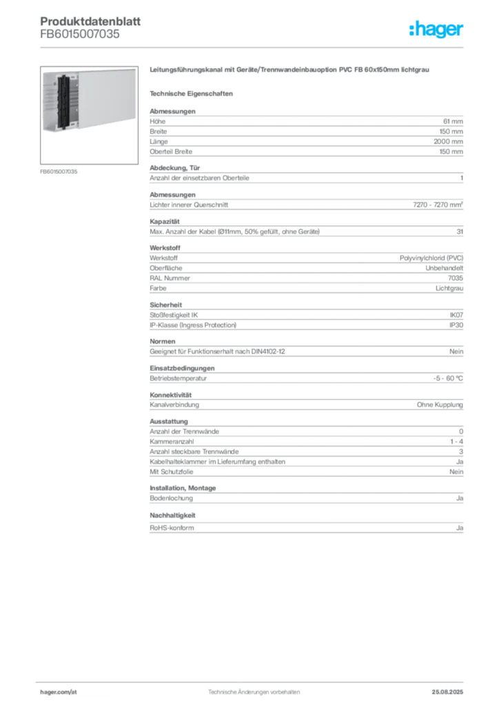 Bild Hager Produktdatenblatt FB6015007035 | Hager Deutschland