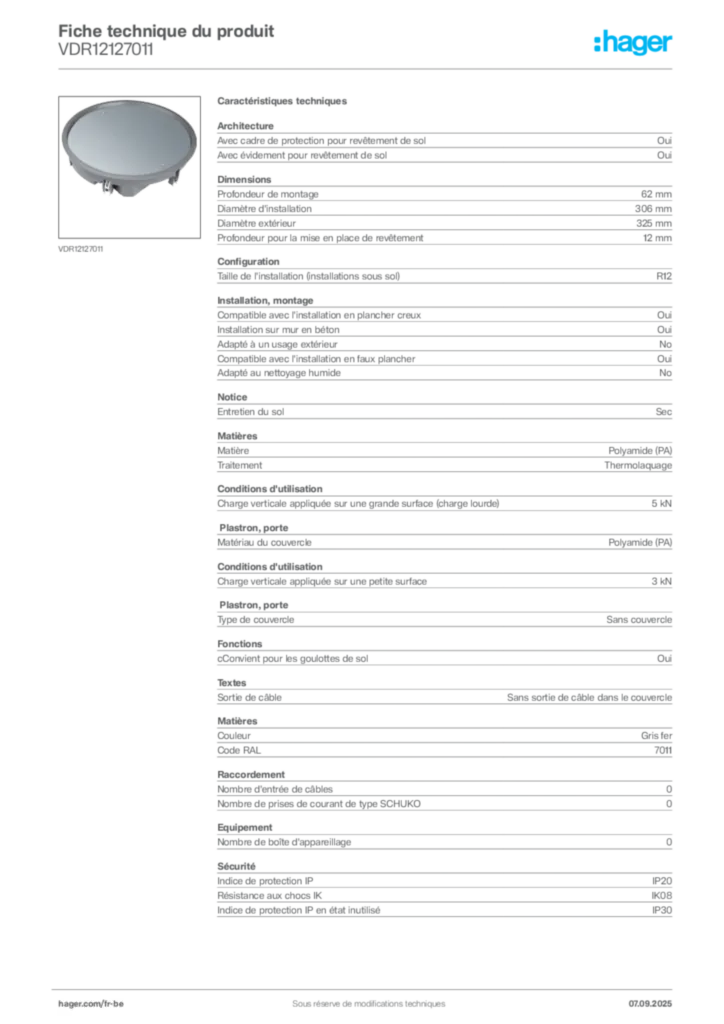 Image Hager Fiche technique du produit VDR12127011 | Hager Belgique