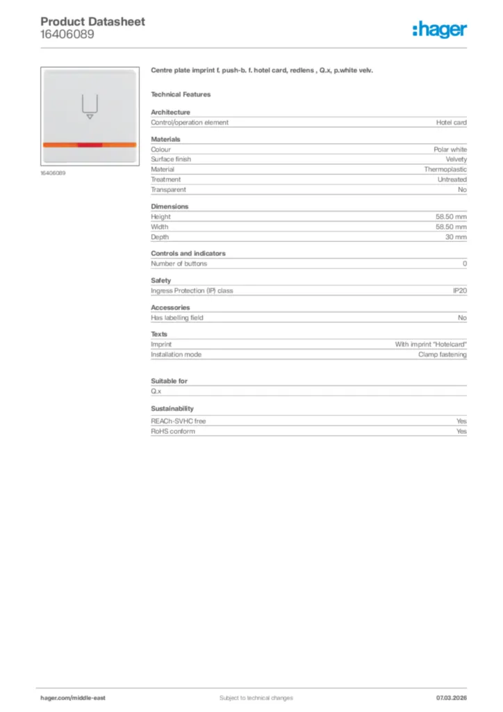 Image Hager Product data sheet 16406089  | Hager