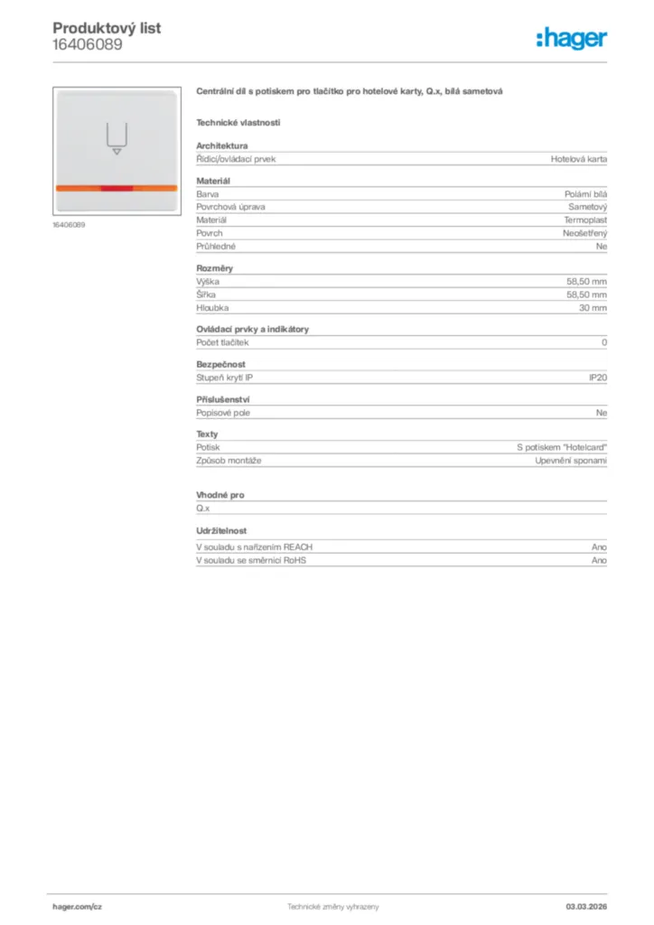 Obrázek Hager Product data sheet 16406089 | Hager