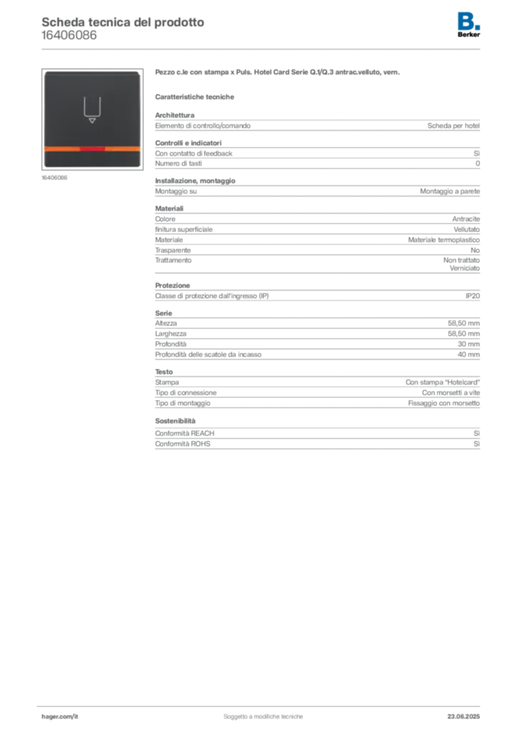 Immagine Berker Scheda tecnica del prodotto 16406086 | Hager Italia