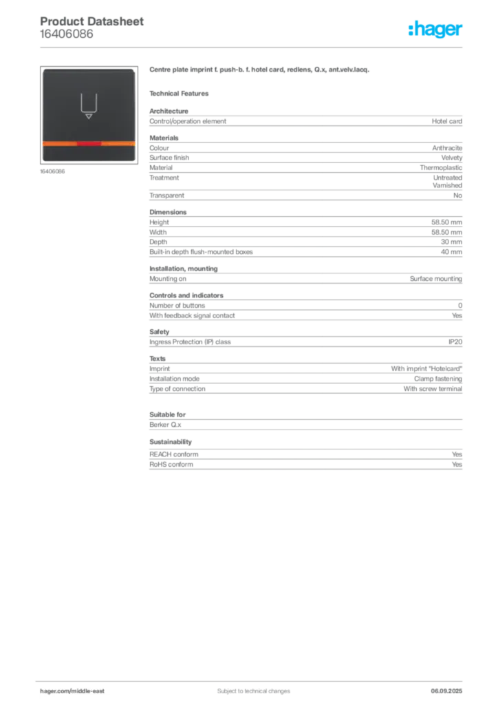 Image Hager Product data sheet 16406086  | Hager