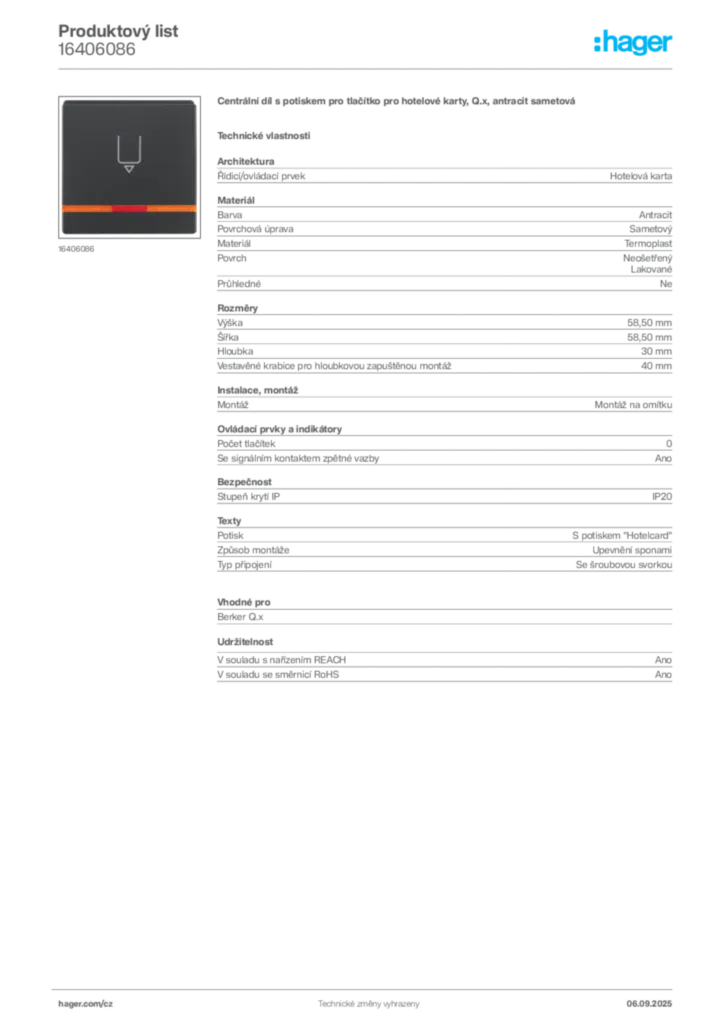Obrázek Hager Produktový list 16406086 | Hager