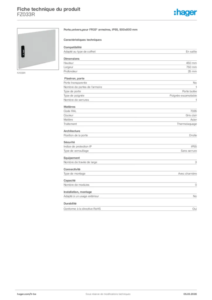 Image Hager Fiche technique du produit FZ033R | Hager Belgique