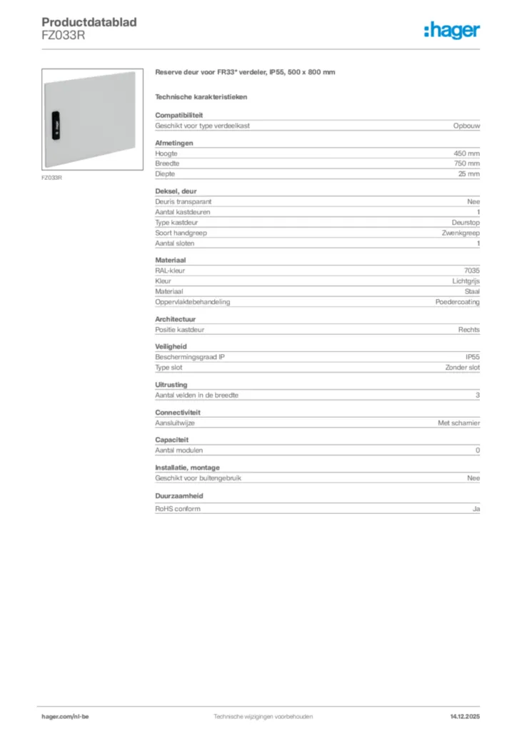 Afbeelding Hager Productdatablad FZ033R | Hager Belgium