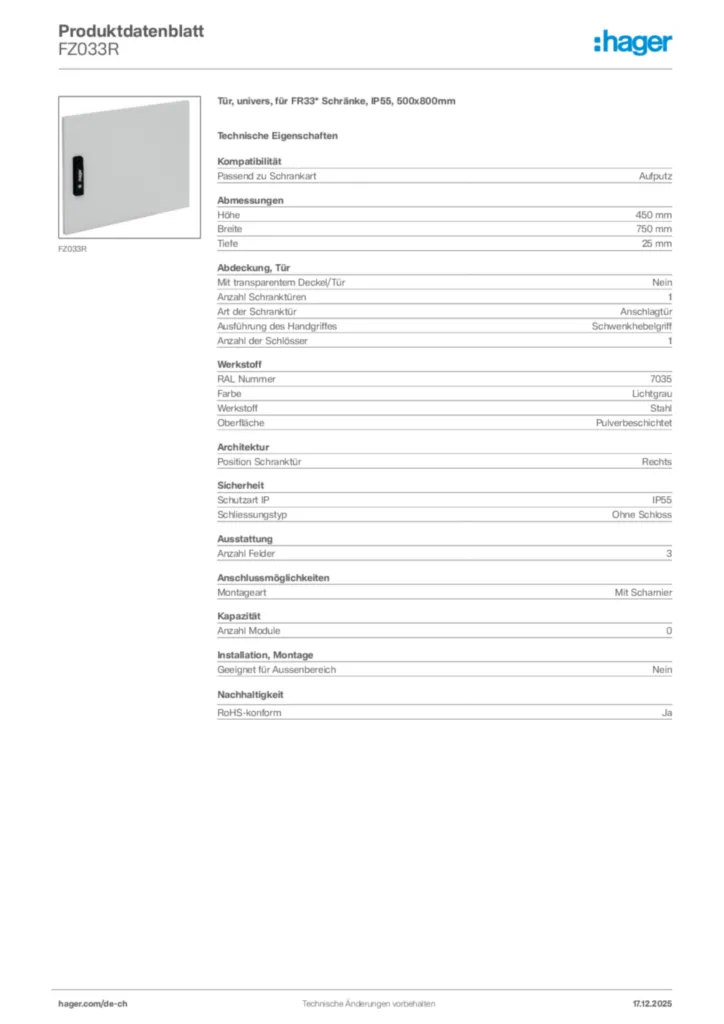 Bild Hager Produktdatenblatt FZ033R | Hager Schweiz