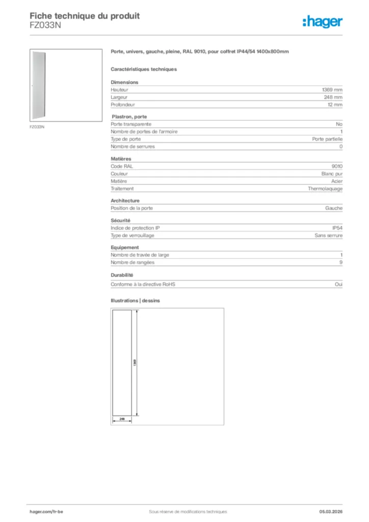 Image Hager Fiche technique du produit FZ033N | Hager Belgique
