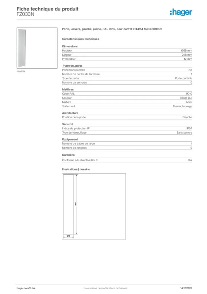 Image Hager Fiche technique du produit FZ033N | Hager Belgique