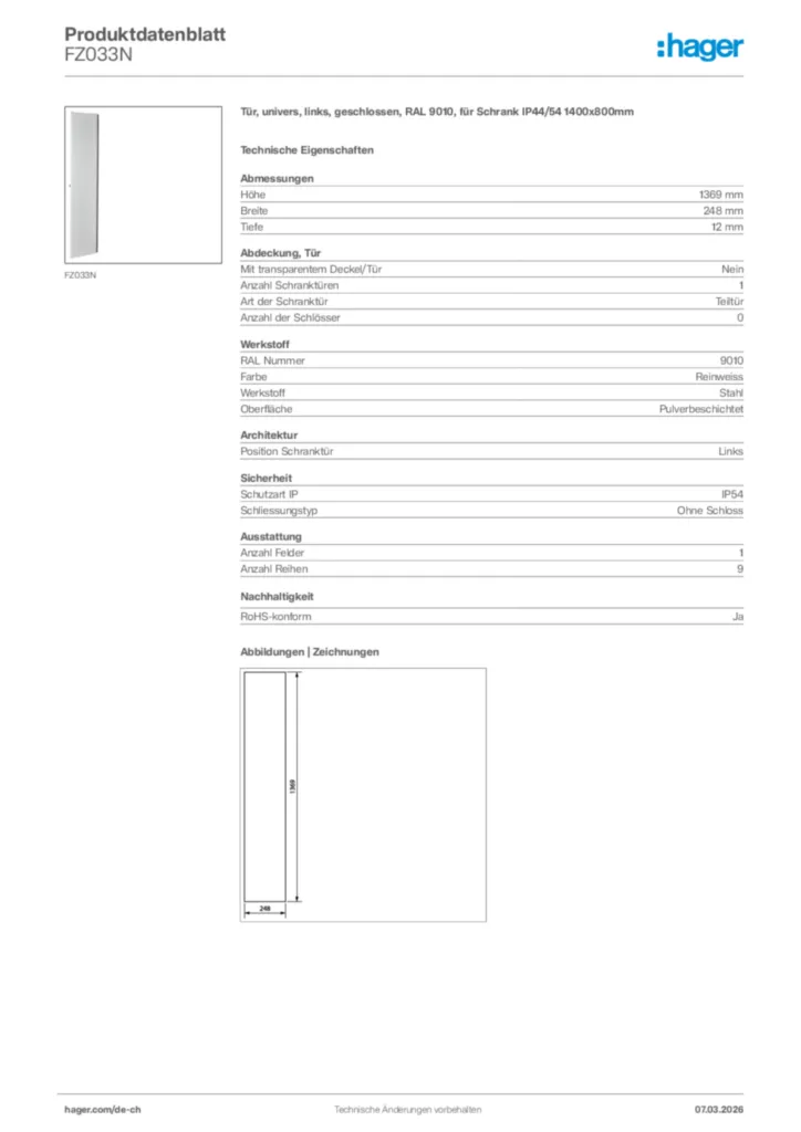 Bild Hager Produktdatenblatt FZ033N | Hager Schweiz