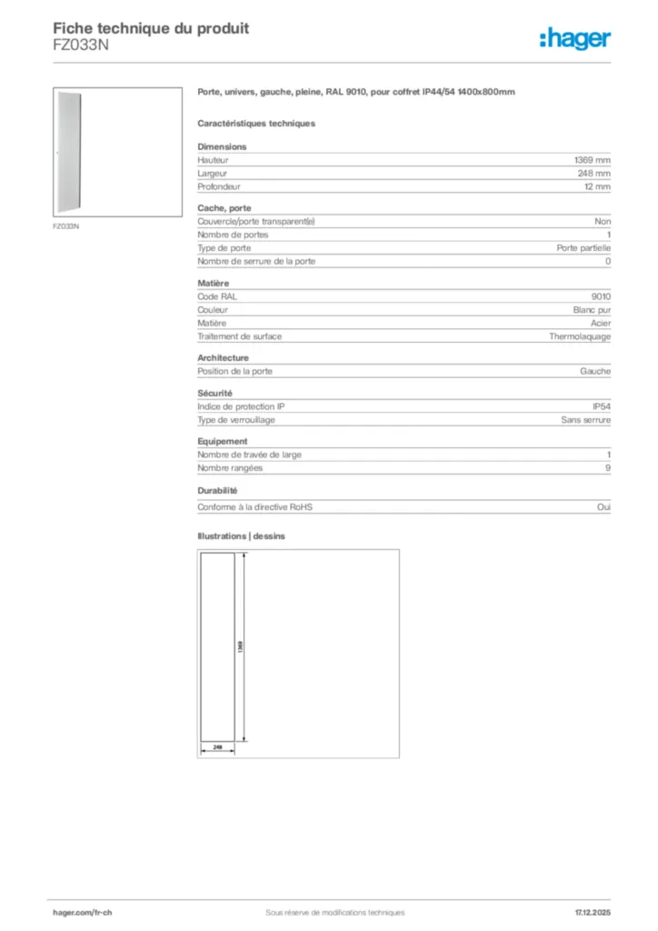 Image Hager Fiche technique du produit FZ033N | Hager Suisse
