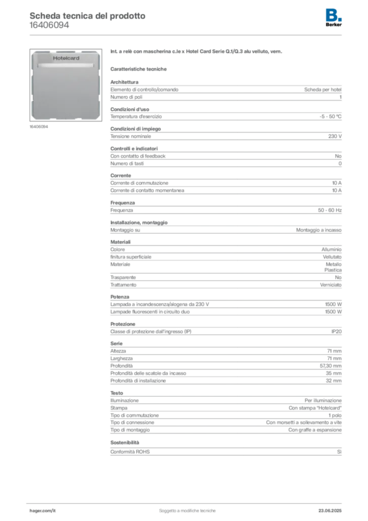 Immagine Berker Scheda tecnica del prodotto 16406094 | Hager Italia