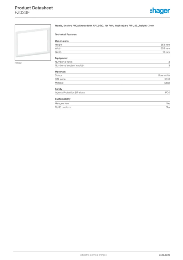 Image Hager Product data sheet FZ033F  | Hager Africa