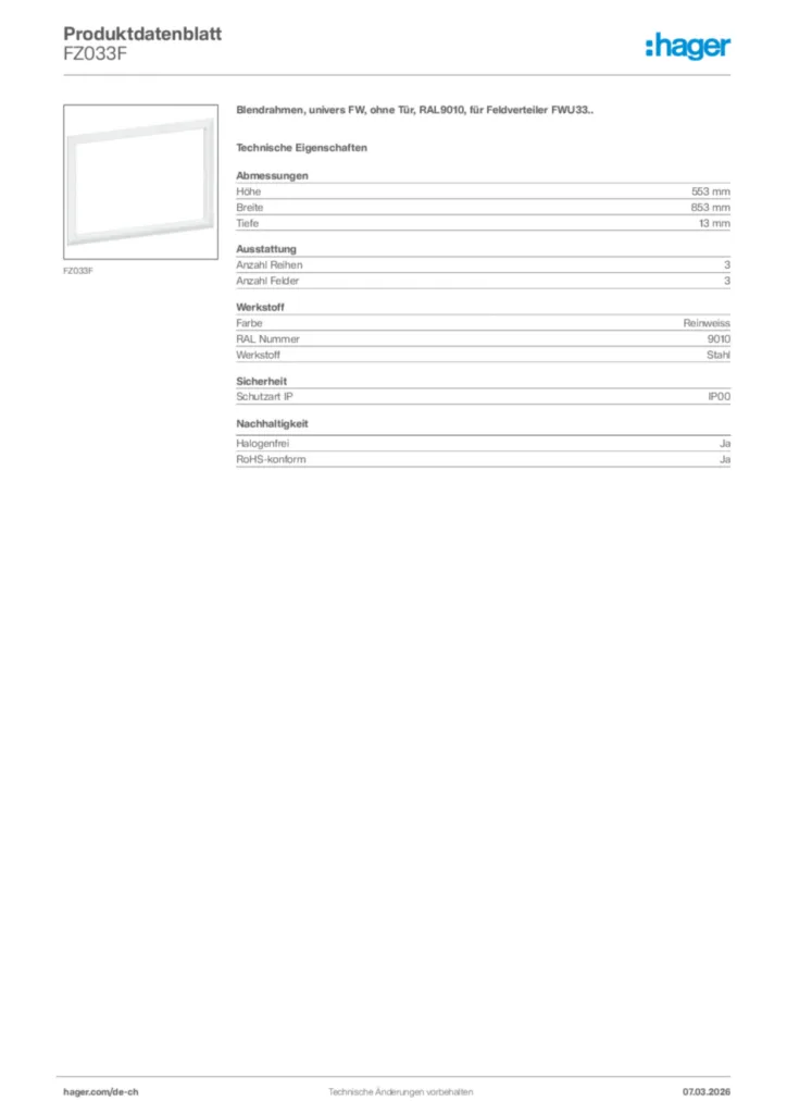 Bild Hager Produktdatenblatt FZ033F | Hager Schweiz
