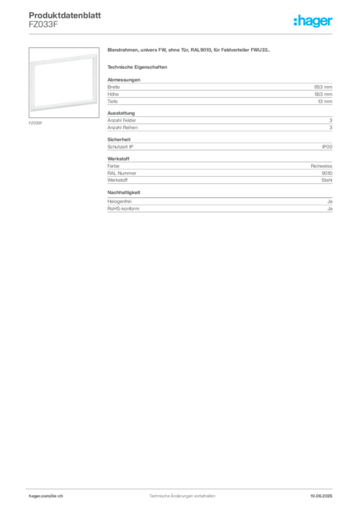 Bild Hager Produktdatenblatt FZ033F | Hager Schweiz