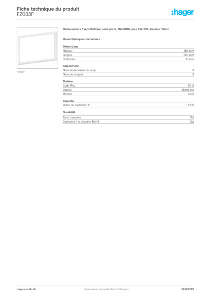 Image Hager Fiche technique du produit FZ033F | Hager Suisse