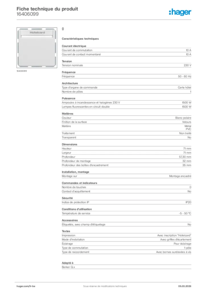 Image Hager Fiche technique du produit 16406099 | Hager Belgique