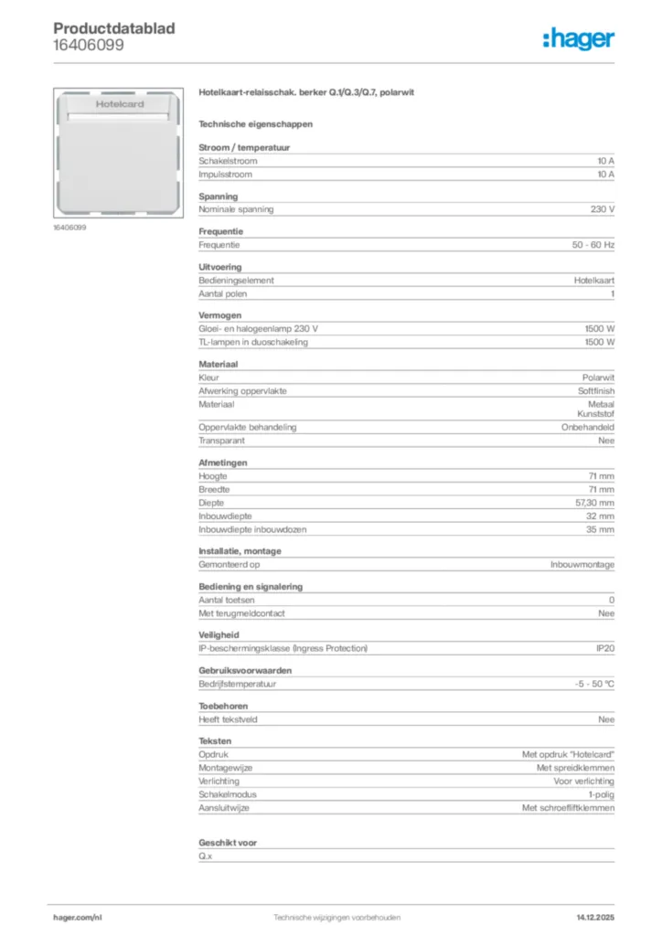 Afbeelding Hager Productdatablad 16406099 | Hager Nederland