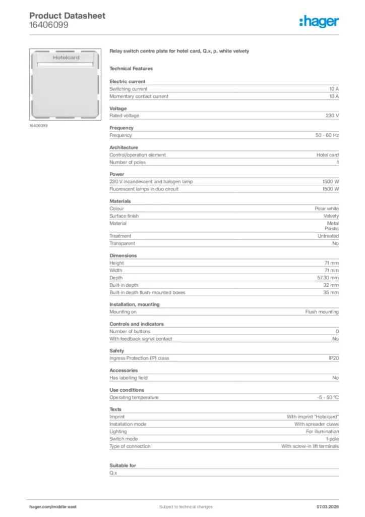 Image Hager Product data sheet 16406099  | Hager
