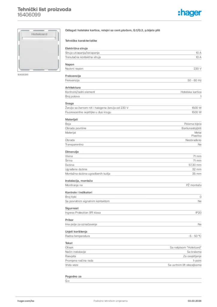 Slika Hager Tehnički list proizvoda 16406099  | Hager
