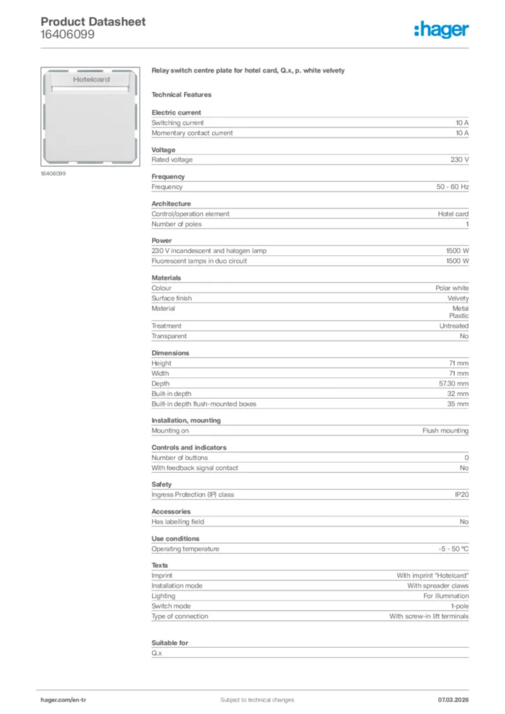 Image Hager Product data sheet 16406099  | Hager
