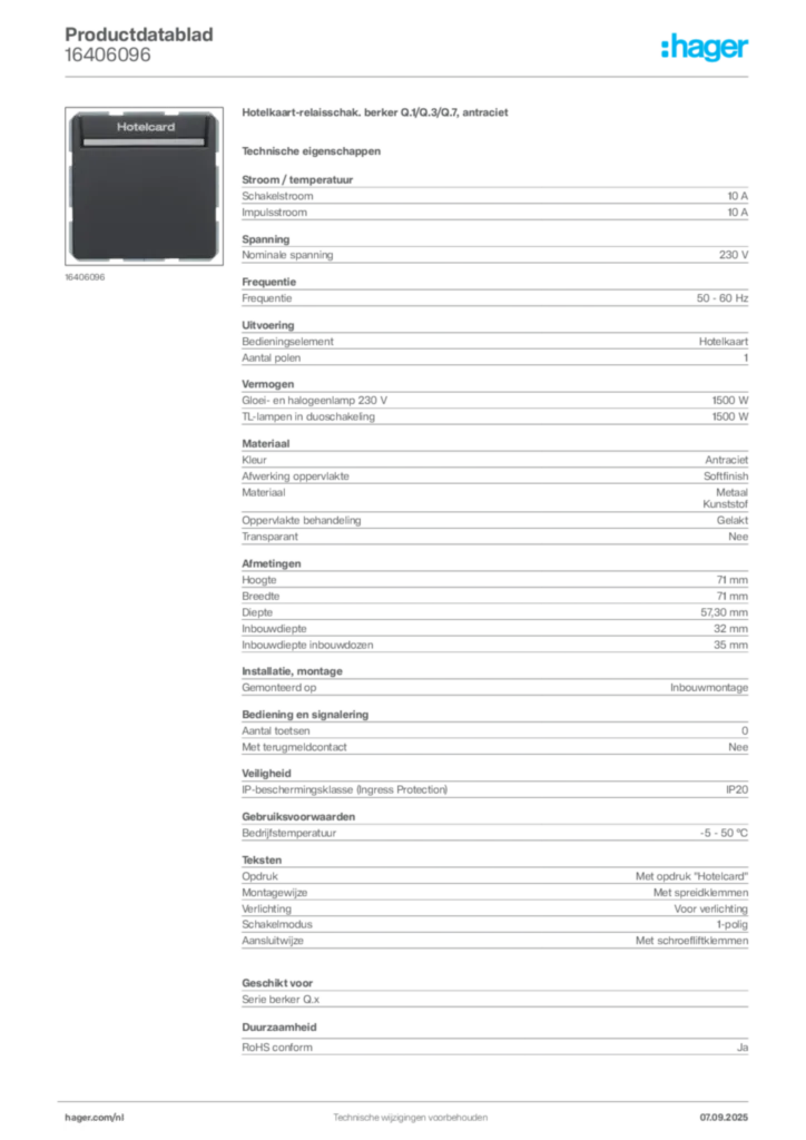 Afbeelding Hager Productdatablad 16406096 | Hager Nederland