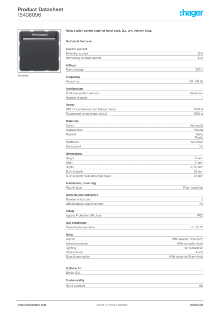 Image Hager Product data sheet 16406096  | Hager