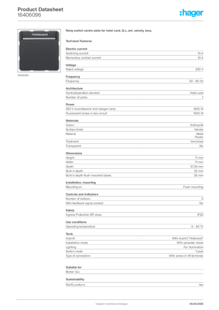 Image Hager Product data sheet 16406096  | Hager